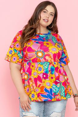 Manica corta con stampa floreale rosa Plus size babydoll camicetta