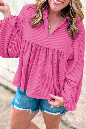 Blusa de manga de bolha de pescoço rosa brilhante