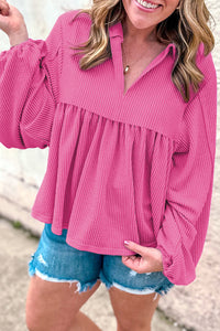 Blusa de manga de bolha de pescoço rosa brilhante