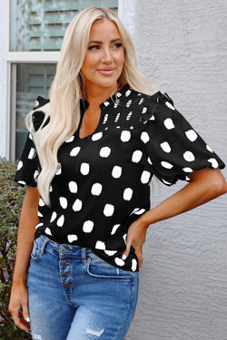 Black Polka Dot Stampa giogo a shirted coglione manica a palloncini.