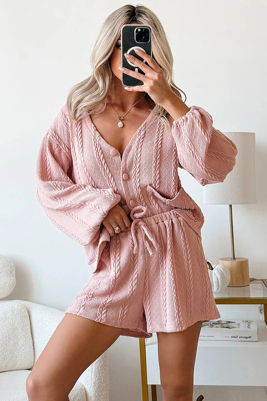 Ensemble short et cardigan en tricot torsadé rose Gossamer à col en V