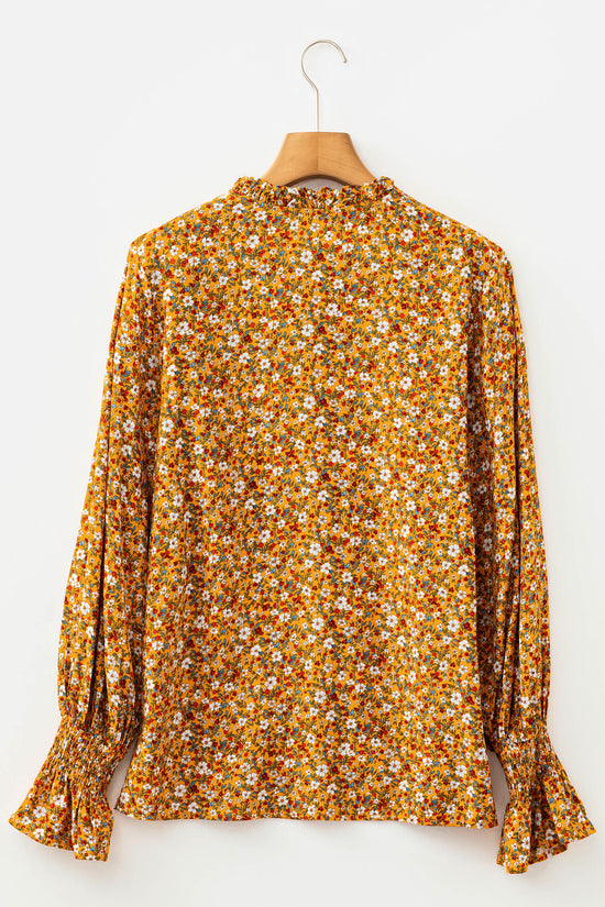 Orange Boho Floral Ruffled Bubble Sleeve V Neck Fall Blouse