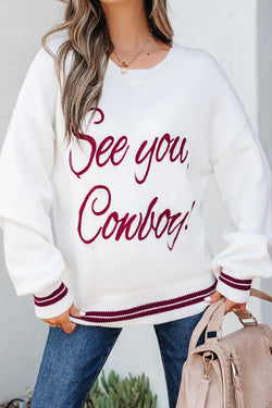 Bianco See You Cowboy ricamato maglione grafico occidentale