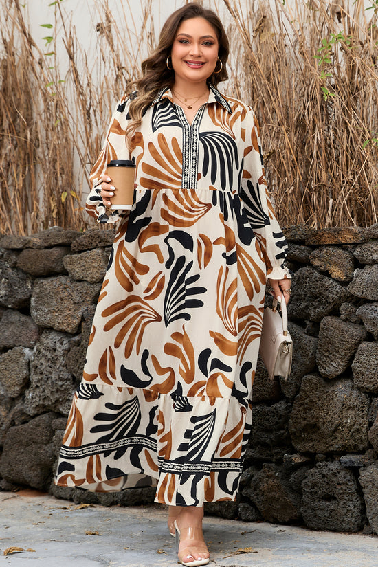 Robe longue droite imprimée abstraite de grande taille à col contrasté et col fendu de grande taille blanche
