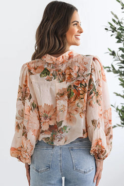 Camisa ligera con mangas abullonadas y estampado floral naranja