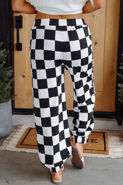 Black Checkerboard Elastic Taist Pocketed Joggers