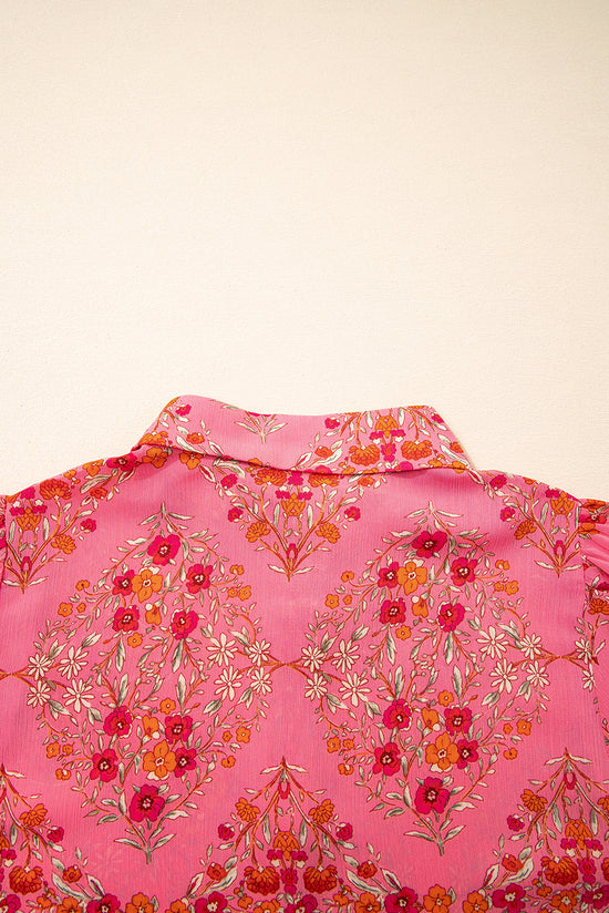 Stampa floreale rosso rosa a manica corta camicia sciolta