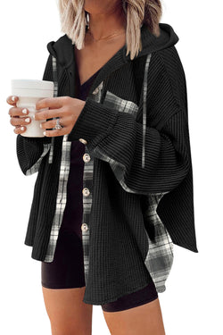 Black Waffle Knit Pathwork Patchwork Drawanting Capicket Chacket