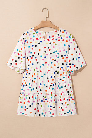 Beige colorido lunar estampado de manga corta manga corta talla de babydoll de talla grande
