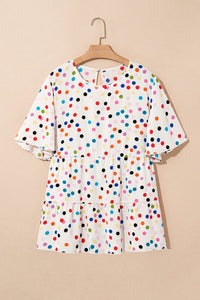 Beige colorido lunar estampado de manga corta manga corta talla de babydoll de talla grande