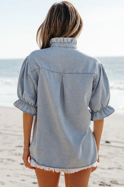 Camicia da chambray con manica a soffio corta blu beau