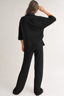 Champe boutonnée texturée de couleur unie noire et pantalon décontracté
