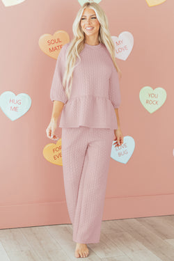 Delicacy Braided Texture Ruffle Hem Top Drawstring Loose Pants Set