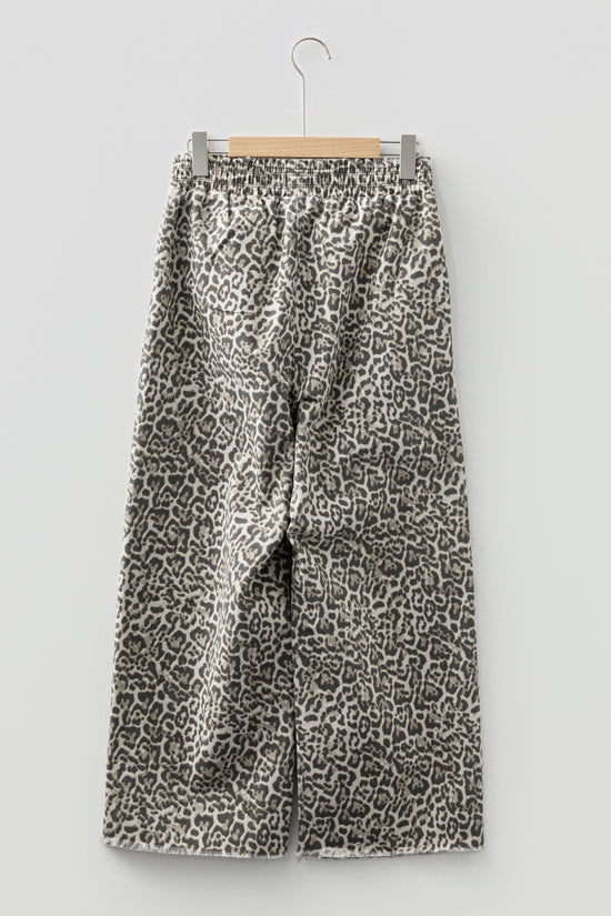 Brown Leopard Print Raw Hem Elastic Waist Loose Pull On Jeans