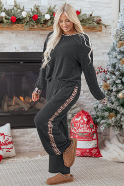 Texture a costola con grigio in carbonio Dettagli patchwork leopardo 2pcs set di pantaloni