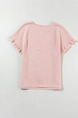 Black and Light Pink Solid Textured Ruffled Short Sleeve Blouse