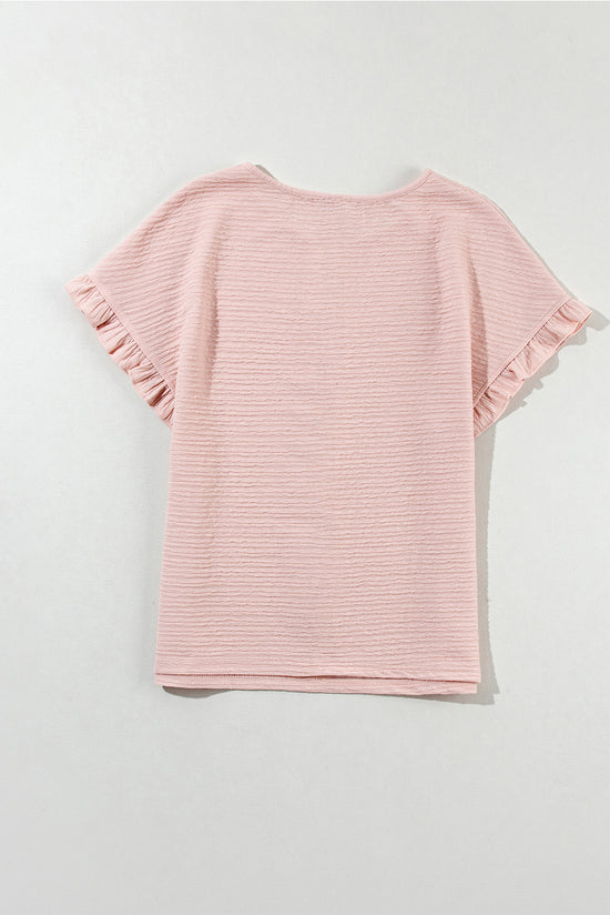Black and Light Pink Solid Textured Ruffled Short Sleeve Blouse