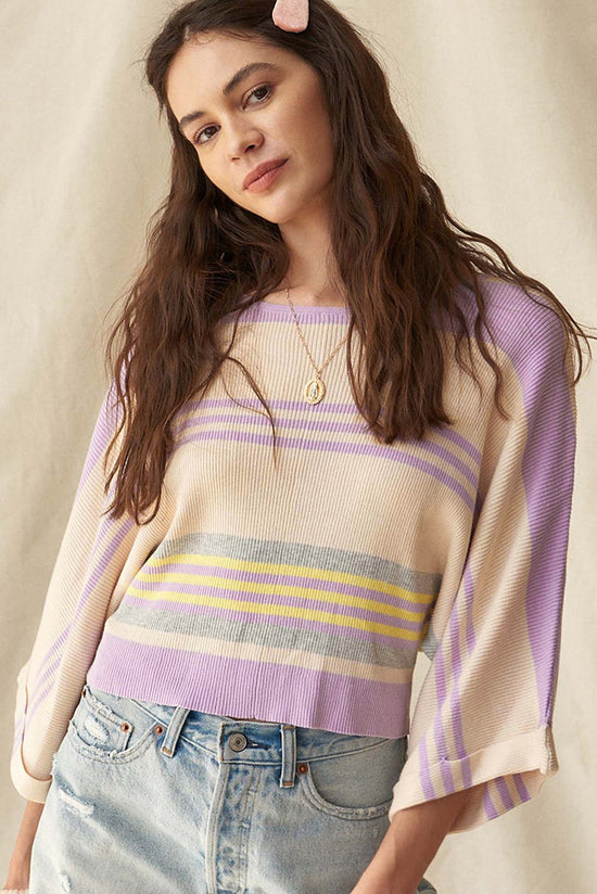 Purple Stripe limítrofe costela malha com manga dolman com manga dolman