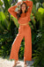 Flamingo Drop Shoulder Puff Sleeve Crop Pullover Drawstring Wide Leg Pants Set