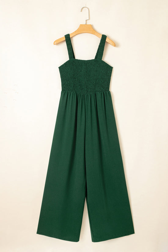 Black Smocked Sleeveless Wide Leg Jumpsuit with Pockets