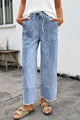Prussian Blue Drawstring Seam Detail Raw Hem Wide Leg Denim Pants