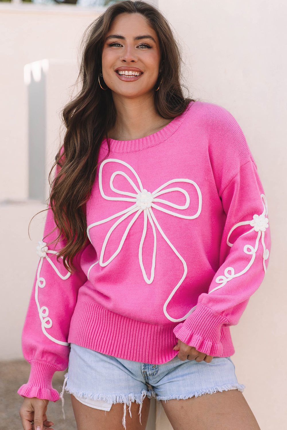 Suéter casual de borde de la flor rosa con cordón rosa rosa