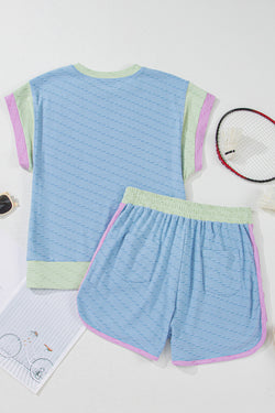 Beau Blue Corded Knit Contrast Trim Round Neck Cap Sleeve 2pcs Short Set