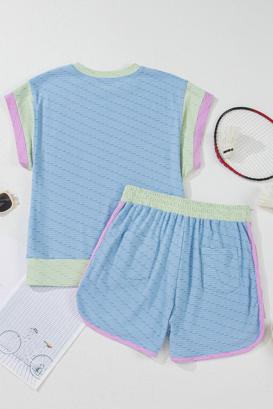 Set corto da 2 pezzi con maniche ad aletta girocollo in maglia a contrasto con cordoncino blu Beau