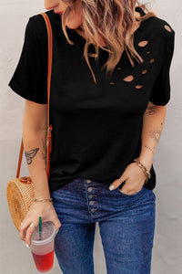 T-shirt misto in cotone a crew di buchi neri