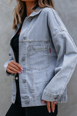 Sky Blue Stripe lavata la giacca in tasca oversize in tasca