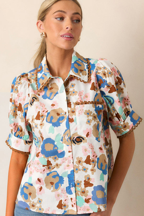 Multicolor Floral Print Ricrac Trim Compolada Putfled Short Sleeve