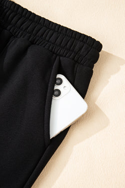 Black Solid Collared Sweatshirt and High Waist Pants Active Set