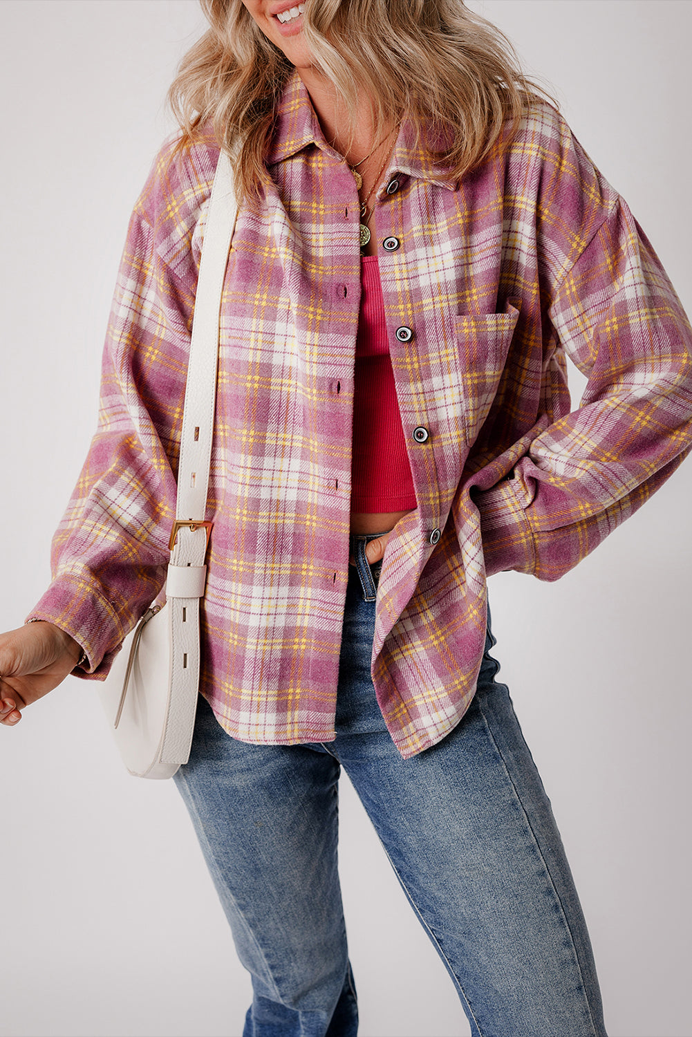 Pink Pink Plaid Treid Chacket de manga larga de bolsillo de bolsillo