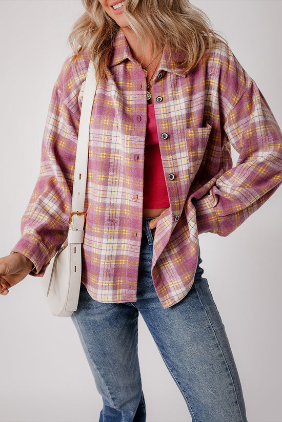 Pink Pink Plaid Treid Chacket de manga larga de bolsillo de bolsillo