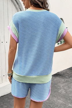 Beau Blue Corded Knit Contrast Trim Round Neck Cap Sleeve 2pcs Short Set