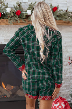 Dearlovers Red Plaid Contrast Patched Christmas Holiday Long Sleeve Shirt and Short 2pcs Pajama Set