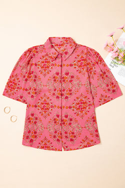 Stampa floreale rosso rosa a manica corta camicia sciolta