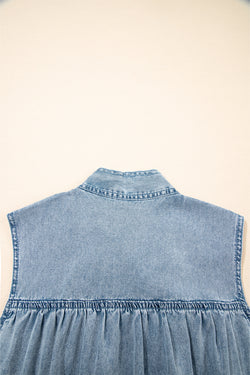 Beau Blue Bowknot Neck sin mangas con volantes Vestido de chambray