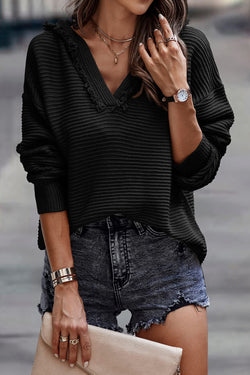 Maglione con cappuccio con pausa con caduta a costine a vello a V nero