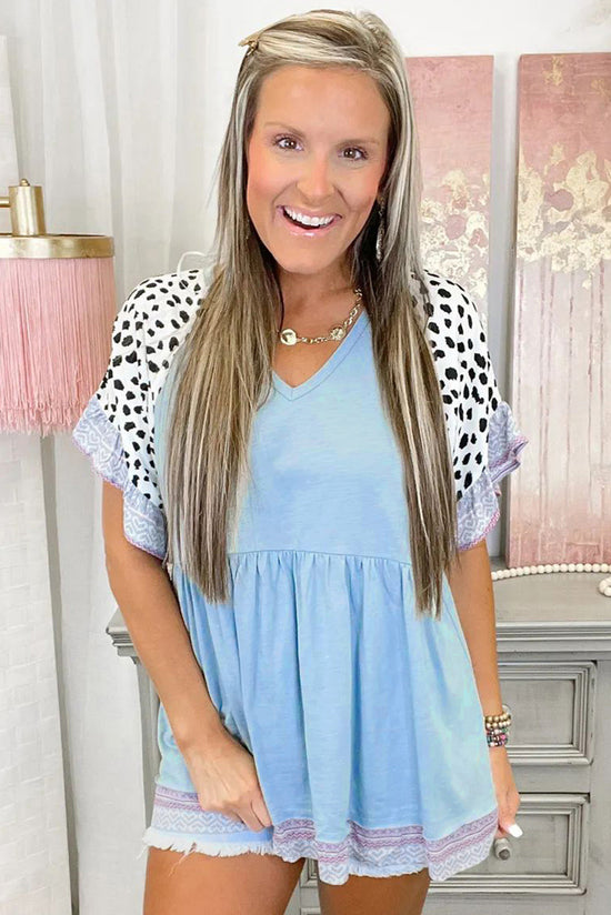 Icelanda blu blu manicotto patchwork arruffato a v blusa