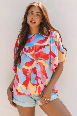 Multicolour Abstract Pattern Assicch Wide Clew Neck Blouse