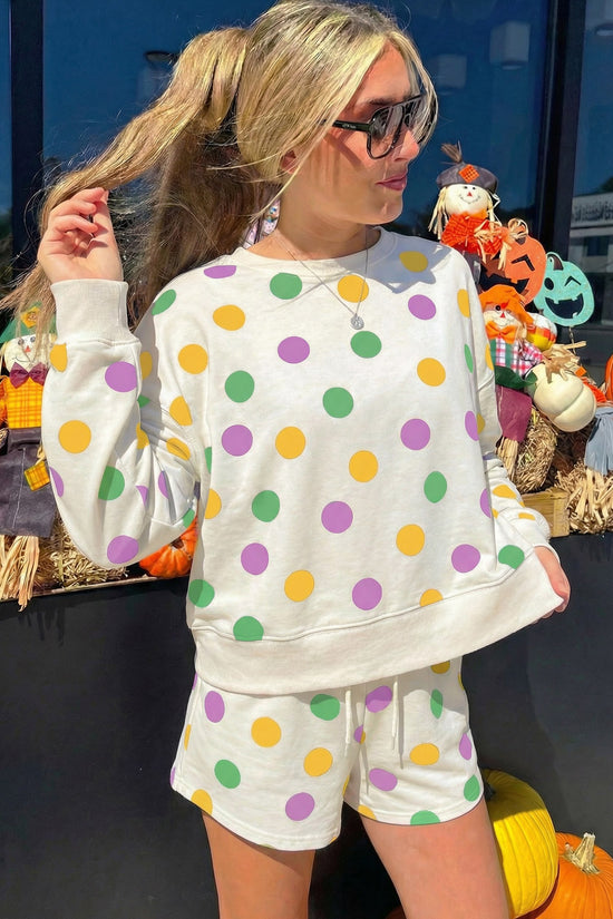 Ensemble short et pull à épaules tombantes imprimé à pois multicolore avec cordon de serrage