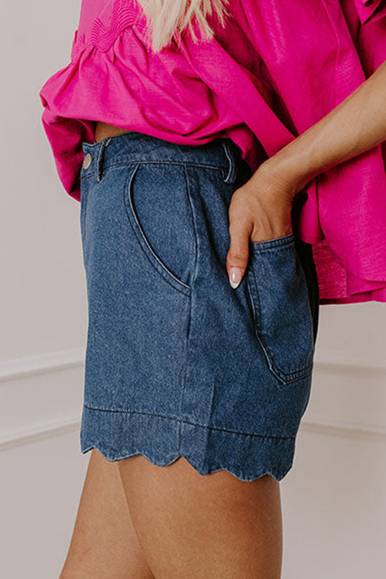Sail Blue Shorts de jean de la taille haute de l'ourlet feston