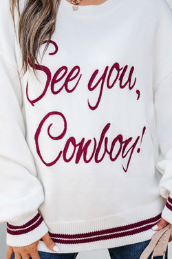 Bianco See You Cowboy ricamato maglione grafico occidentale