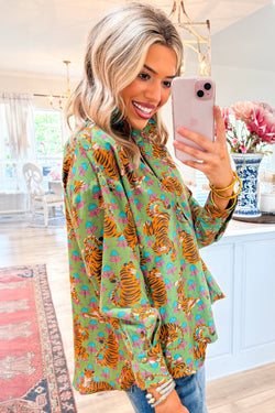 Camicia casual con colletto floreale di tigre verde floreale