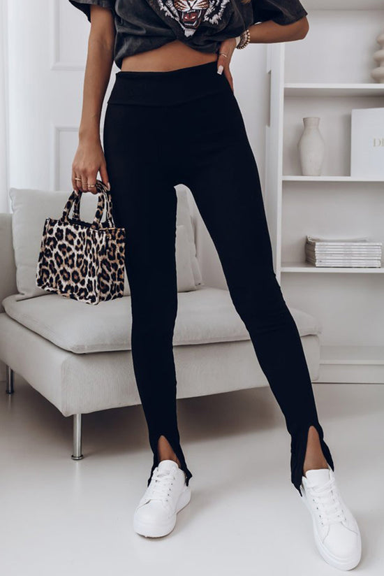 Leggings con spacco a vita alta in maglia a coste nere