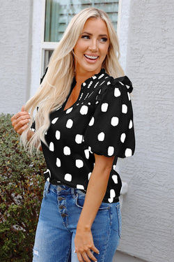 Black Polka Dot Stampa giogo a shirted coglione manica a palloncini.