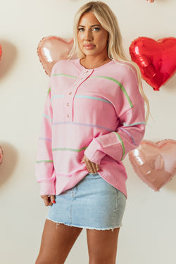 Stripe arcobaleno rosa calare la spalla larghi maglione Henley