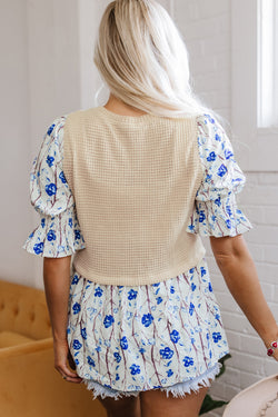 BEIGE Waffle Floral Patchwork Shuppl Peplum Blouse