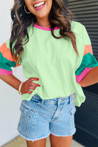 Top de cuello redondo de cuello redondo de manga de costura de color verde